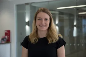 Womam in front of glass door